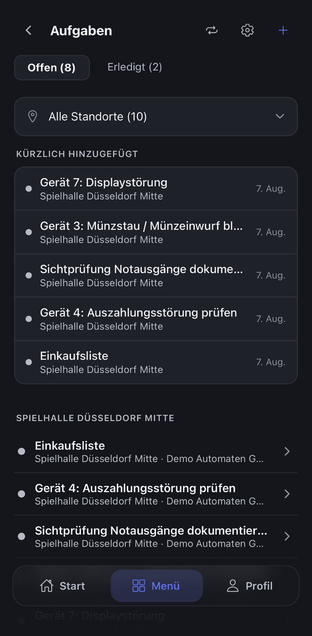 Aufgaben in der App mit der Einkaufsliste