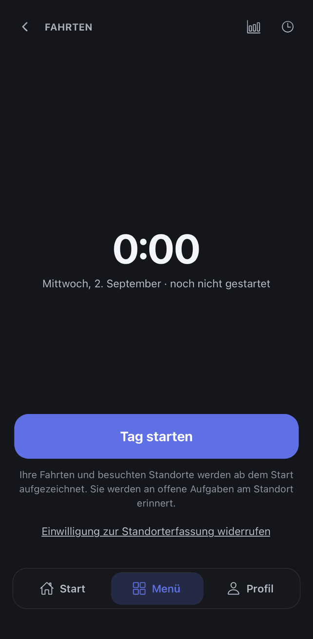 Fahrten in der App: Tag starten