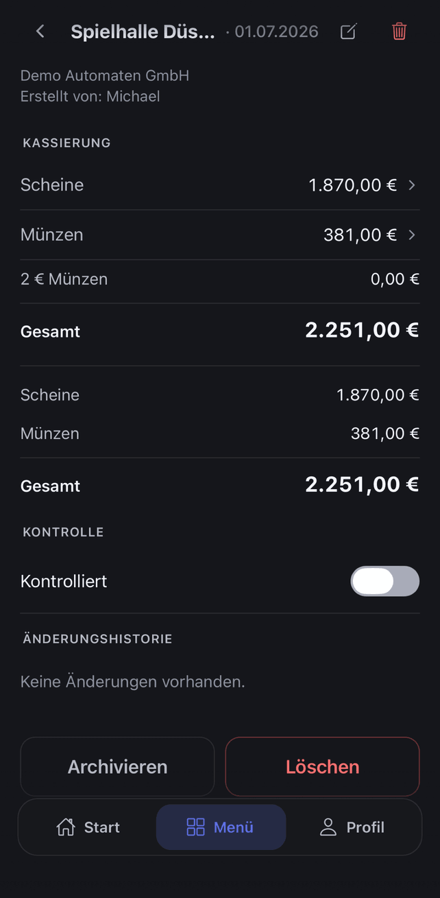 Kassierung in der App mit Scheinen, Münzen und Gesamtsumme