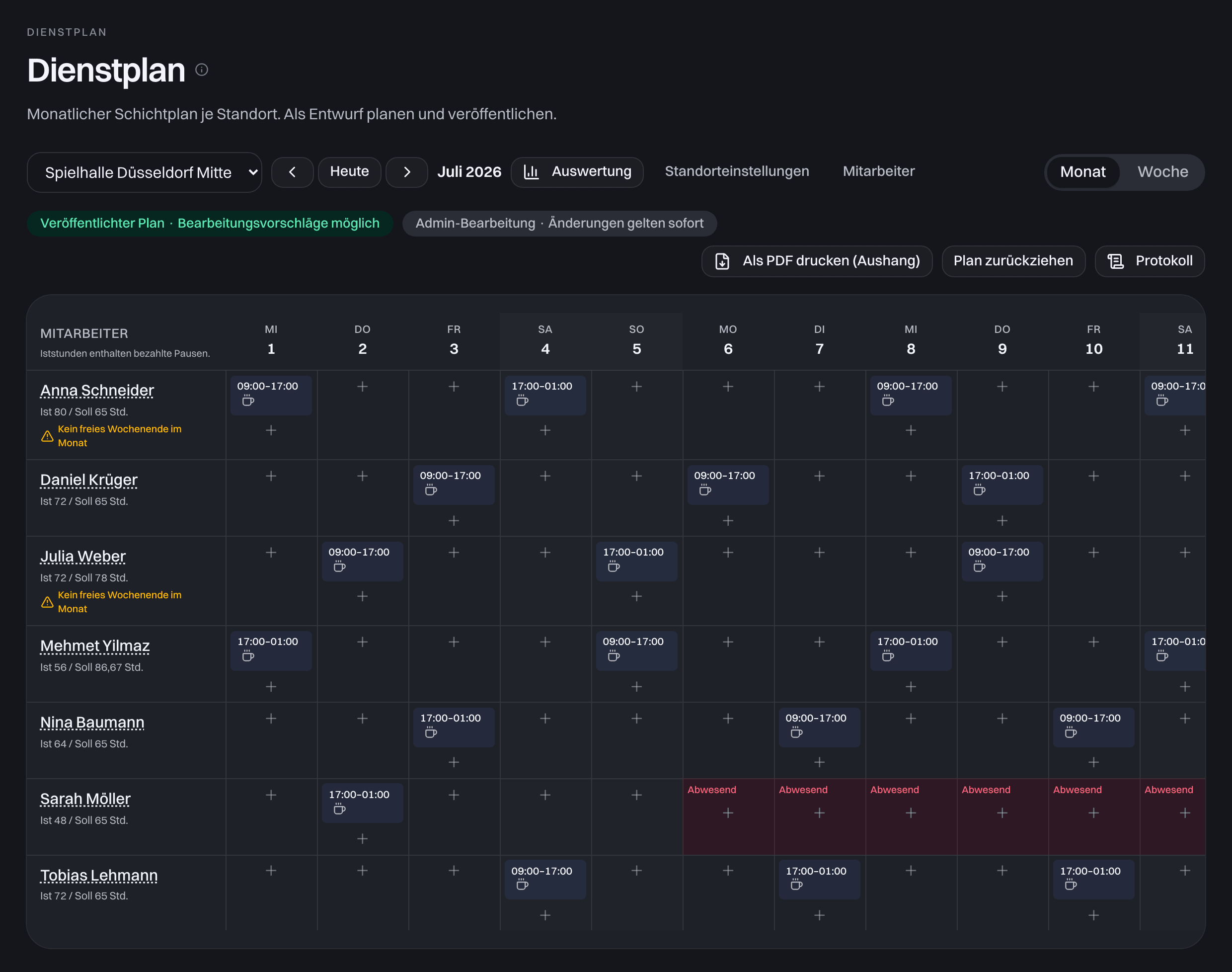 Dienstplan im Dashboard
