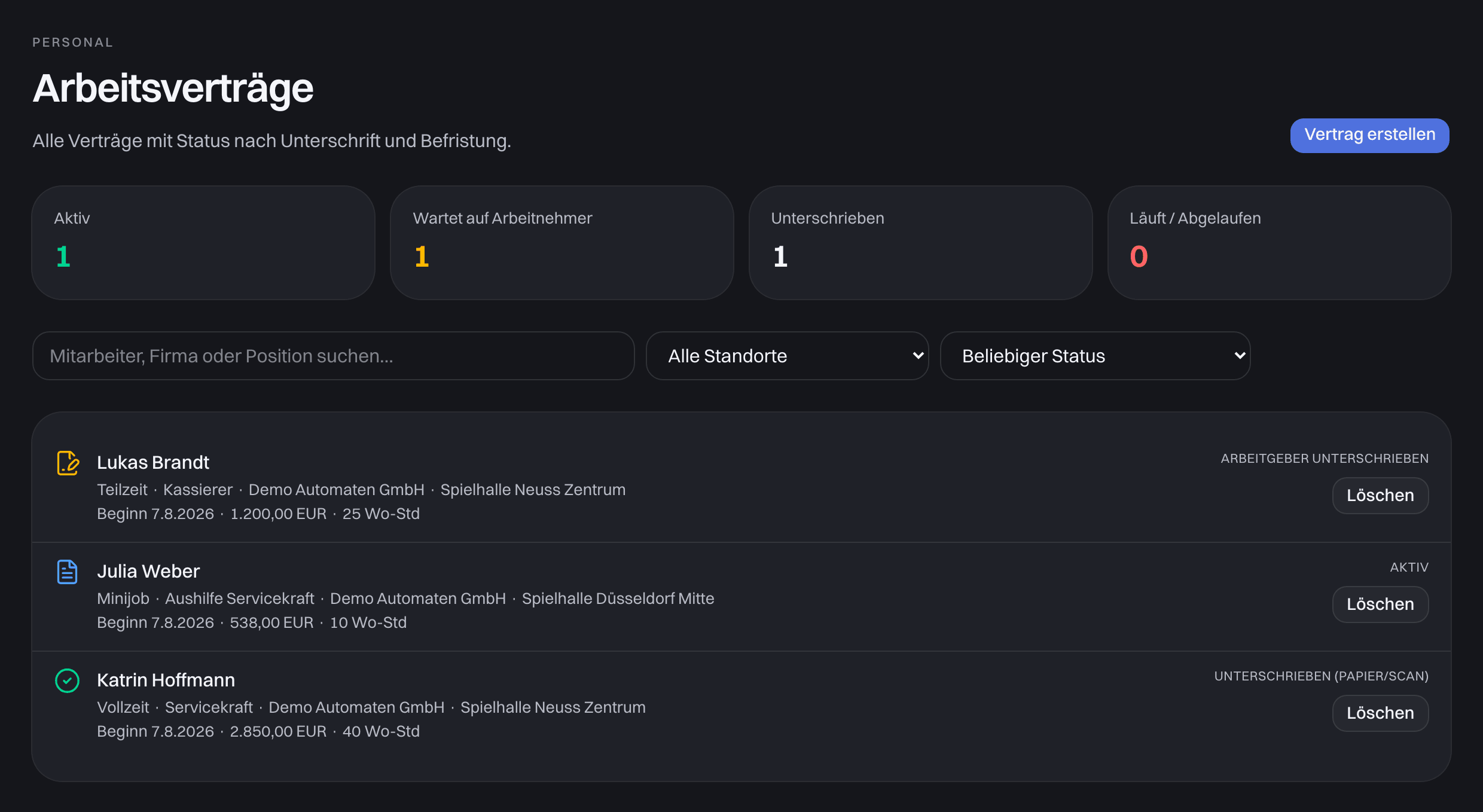 Arbeitsverträge im Dashboard mit Unterschriftsstatus